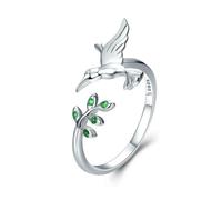 Bague Ouverte En Argent Sterling 925 Avec Feuilles D'arbre Printanières Et Oiseaux, Bague Ajustable En Zircon Vert Pour Femme, Bijoux Fins