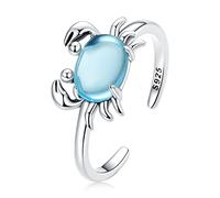 Bague ouverte en argent sterling 925 avec opale bleue délicate et motif crabe mignon, ajustable, pour femme