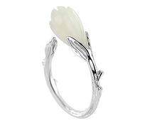 Bague ouverte en argent sterling avec lotus en jade naturelle faite à la main, modèle féminin atmosphérique rétro