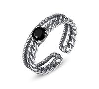 Bague ouverte pour femme en argent sterling S925, sertie d'obsidienne incrustée dans une corde de chanvre tressée.