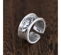 Bague Ouverte Pour Femme,Vintage Mesdames Réglable 925 Anneaux En Argent Sterling Fleur De Lotus Six-Caractères Coeur Sutra Tibétain Ethnique Chunky Knuckle Anneau Pour Les Femmes De Mariage Fian