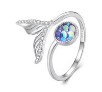 Bague ouverte queue de sirène bleue pour femmes et filles, en argent sterling, ajustable.