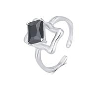 Bague ouverte simple en argent sterling 925, design asymétrique, ornée d'un zircon noir incrusté. Bijou pour femme et jeune fille.