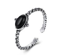 Bague ovale empilable en obsidienne en argent sterling pour femme, ouverte et ajustable