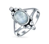 Bague ovale style Boho Bali avec pierre de lune arc-en-ciel pour adolescent, bande fendue en argent sterling oxydé .925