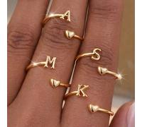 Bague plaquée or 14 carats, bague empilable étanche avec lettre en forme de cœur, cadeau pour femmes et petites amies L,M,S,H,A,T,O,X,B,C,D,E,F,G,I,J,K,N,P,Q,R,U,V,W,Y,ZCuivre