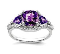 Bague pour femme en or blanc 10 carats avec 3 pierres améthyste et diamant 2 à 2,4 mm Taille 7,00