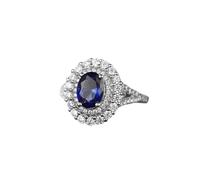 Bague pour le Mariage Alliance Femme Taille 54 Or Blanc 14 Carats Saphir Ovale de Laboratoire de Luxe à Motif Floral de 1,9 CT avec Moissanite Ronde Moderne pour Lesbienne Anniversaire Bijoux