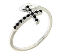 Bague réglable argent 925 croix noire et coeur ex-voto