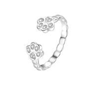 Bague réglable double patte de chat - Argenté avec accents de cristal, bague ouverte empilable pour les amoureux des animaux, cadeau pour femmes et filles