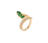 Bague réglable tendance à trois pierres pour elle - En forme de goutte - Oxyde de zirconium - Vert émeraude - Extensible - Pour mariage - Bijoux fantaisie (doré)