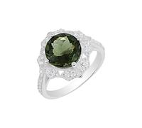 Bague ronde fabriquée à la main en forme de moldavite et oxyde de zirconium serti de pierres précieuses vertes à facettes en argent sterling 925 pour femme, J1/2,49(15.6), Gemme, Moldavite, zircon