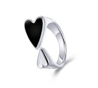 Bague simple en forme de cœur noir pour femme - Couleur argentée - Réglable - Anneaux ouverts vintage en alliage - Accessoires de bijoux pour femme