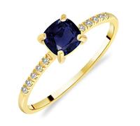 Bague Solitaire pour Femme en Or Jaune 375/1000 sertie Saphir naturel taille Coussin sertie 10 Diamants