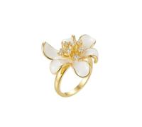Bague statement fleur de lys blanc, acier inoxydable 316L plaqué or, taille ajustable, ornée d'une pierre en oxyde de zirconium. Bijou pour toutes les occasions | LK_SLF_CHR_0353
