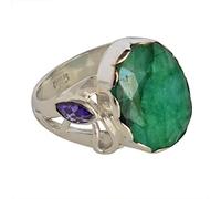 Bague triangle émeraude et améthyste - Argent sterling 925 serti de pierres cabochons bleues de 18 x 14 mm et 6 x 3 mm - Bague en pierre précieuse de designer pour femme, M 1/2, Pierre précieuse