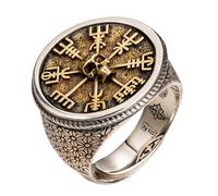 Bague vegvisir boussole viking et tête de mort en argent sterling 925 bicolore bague chevalière ronde bijoux nordique pour homme taille 64 réglable