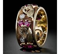 Bague vintage incrustée de zircones rouges sculptées en forme de feuille de fleur pour femme - Large bague pour fête quotidienne ou banquet - Bijoux cadeaux
