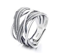 Bagues ajustables for femme, bagues ouvertes en argent, bague ajourée en argent sterling avec plumes empilées, élégante bague en argent sterling S925 for femme(5)