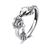 Bagues ajustables for femmes, bagues ouvertes en argent, bague à pompon vintage en forme de fleur de lotus et de carpe, bague tendance en argent sterling S925 for femme(5)