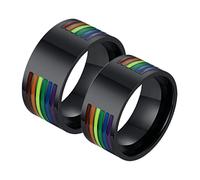 Bagues Alliances Acier Inoxydable, Anneau Noir Émaillé Multicolore LGBT 10mm, Anneaux Femme Taille 55 & Homme Taille 55