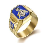 Bagues, Bague maçonnique for homme en émail bleu, symbole de maître maçon, bijou vintage franc-maçon en acier titane doré(S)