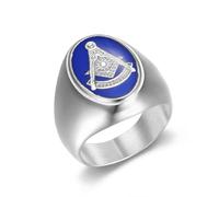 Bagues, Bague maçonnique ovale de luxe en émail bleu, symbole de la protection divine | Bijou d'inspiration maçonnique(Silver,W)