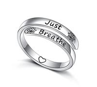 Bagues inspirantes réglables en argent sterling 925 avec fleur de lotus de yoga empilable en spirale torsadée - Cadeau d'encouragement pour femmes et hommes(Respire)