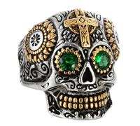 bagues pour hommes, Bague croix punk en acier inoxydable avec yeux zircon cubique vert/rouge, bijou vintage motard for hommes et femmes(Green Gem,Y)