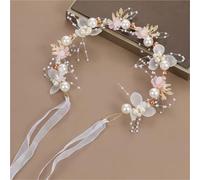 Baguette Cheveux Wedding Accessory Bride Crown Hair Crystal Jewelry Tiara With Pearls Flowers Floral Pearl Bridal Headband(Pink)