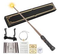 Baguette magique de 36 cm dans une boîte cadeau avec lumière, chargement USB, avec carte, carte de transport et porte-baguette magique Wizarding World en résine pour Halloween, cosplay, carnaval