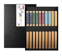 Baguettes Japonaises Réutilisable Bambou Naturel Baguette Coffret Cadeau Avec Boîte Noire Exquise, 10 Paires ( Feurs de Cerisier)