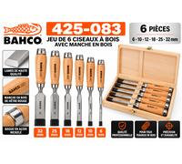 BAHCO 425-083 Jeu 6 Ciseaux à Bois Manche Bois 6-10-12-18-25-32 mm