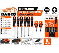 BAHCO B219.008 Jeu de 8 Tournevis BahcoFit Fente Phillips Poignée Ergonomique
