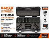 BAHCO K8906M/8 - Jeu de 8 Douilles à Chocs Longues 3/4" 21-41 mm