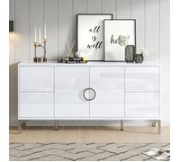 Bahut de Salon Blanc Laqué Brillant 150 cm avec Push-to-Open, 4 Tiroirs et 2 Portes, Buffet Bas Salle à Manger Pieds Métal, Design