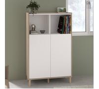 Bahut haut MORPHOS - L 83,7 x P 40 x H 135 cm - Décor blanc / Chêne - 2 portes - PARISOT