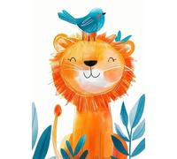 Baibexing 1 Affiche Sur Toile Représentant Un Lion Joyeux Et Mignon Avec Un Oiseau, Format A4. Décoration Murale Pour Chambre D'Enfant. 50X70Cm Sans Cadre