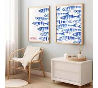 Baibexing Affiche De Peinture Sur Toile Rétro Représentant Une Sardine Bleue, Style Méditerranéen, Décoration Murale Pour Salon Ou Maison 21X30Cmx2Pcs Sans Cadre