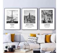 Baibexing Affiche De Voyage En Noir Et Blanc, New York, Londres, Paris, Art Mural, Peinture Sur Toile Minimaliste Pour Salon, Décoration D'Intérieur 21X30Cmx3Pcs Sans Cadre