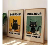 Baibexing Affiche Humoristique Avec Un Chat Noir Et Du Café, « Bonjour Mon Amour », Décoration Moderne Pour Salon, Cuisine, Café, Bar Ou Maison. 40X60Cmx2Pcs Sans Cadre