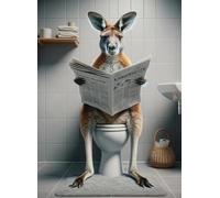 Baibexing Affiche Humoristique Représentant Un Kangourou Assis Sur Des Toilettes, Lisant Un Journal, Décoration Murale Sur Toile, Décoration De Salle De Bain, Format A19 21X30Cm Sans Cadre
