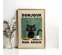 Baibexing Affiche Imprimée Le Chat Noir Vert, Bonjour Mon Amour, Chat Noir, Petit Déjeuner, Peinture Sur Toile Moderne, Décoration Murale Pour La Maison, 1 Pièce 30X40Cm Sans Cadre