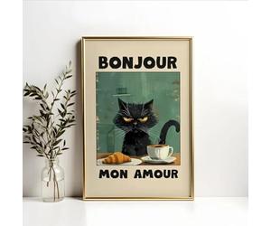 Baibexing Affiche Imprimée Le Chat Noir Vert, Bonjour Mon Amour, Chat Noir, Petit Déjeuner, Peinture Sur Toile Moderne, Décoration Murale Pour La Maison, 1 Pièce 30X40Cm Sans Cadre