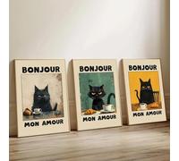 Baibexing Affiche Rétro « Bonjour Mon Amour » Avec Chat Noir Et Petit-Déjeuner 21X30Cmx3Pcs Sans Cadre