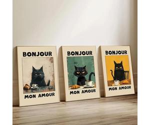 Baibexing Affiche Rétro « Bonjour Mon Amour » Avec Chat Noir Et Petit-Déjeuner 21X30Cmx3Pcs Sans Cadre