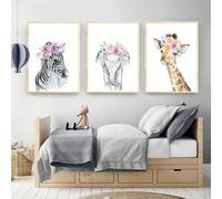 Baibexing Affiche Sur Toile Représentant Un Animal Et Une Fleur, Un Zèbre, Un Éléphant Ou Une Girafe. Décoration Murale Pour Chambre D'Enfant Ou De Bébé. 60X90Cm Sans Cadre