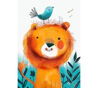 Baibexing Affiche Sur Toile Représentant Un Lion Joyeux Et Mignon Avec Un Oiseau, Format A6. Décoration Murale Pour Chambre D'Enfant. 60X90Cm Sans Cadre