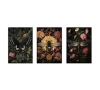 Baibexing Affiches Florales Et Végétales Sombres, Peinture Sur Toile, Papillons, Libellules, Abeilles, Insectes, Images Murales, Décoration D'Intérieur 40X50Cmx3Pcs Sans Cadre