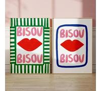 Baibexing Affiches Sur Toile, Style Maximaliste Éclectique, Rose, Citations Françaises, Bisous Bisous, Décoration Murale Pour Salon Ou Maison 21X30Cmx2Pcs Sans Cadre